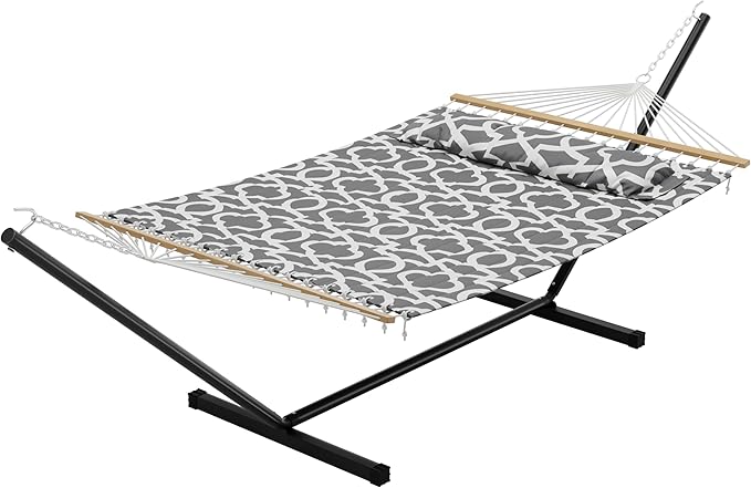 GAOMON Double Hammock with Stand, 475 lb Capacity, Adjustable Portable Hammock Chair with Sturdy Steel Frame, Thick Rope, Quilted Pillow and Carrying Bag Suitable for Backyard, Camping or Outdoor
