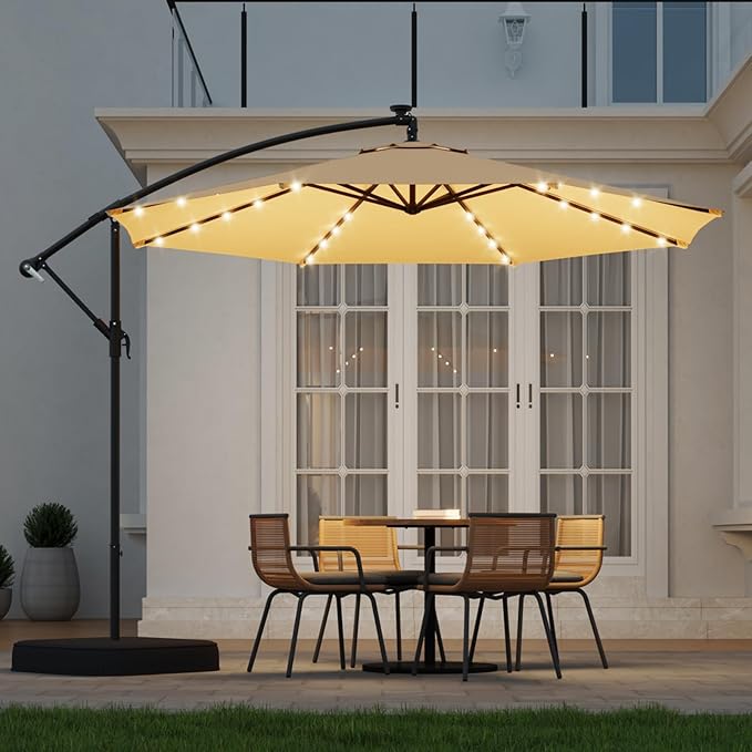10FT 40-LED Solar Lighted Patio Umbrella with Base Included, Outdoor Offset Cantilever Umbrella, Infinite Tilt, UV Protection for Backyard, Lawn, Garden & Pool