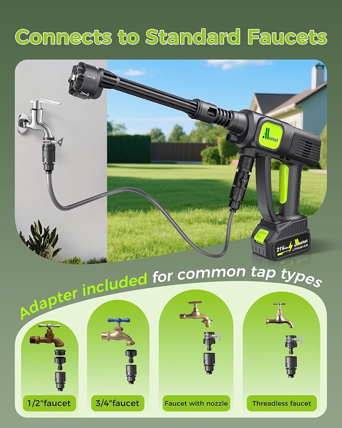 Cordless Car Washer, 1250PSI, Portable Cleaning Tool with 6-in-1 Nozzle, Self-Priming from Bucket, Hose or Tap, Battery Powered for Car, Patio & Garden Cleaning