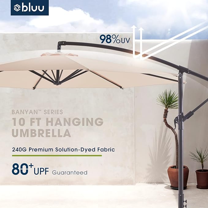 WUFF Bluu 10ft Patio Offset Umbrella Cantilever Umbrella Hanging Market Umbrella Outdoor Umbrellas with Crank & Cross Bases(Beige)