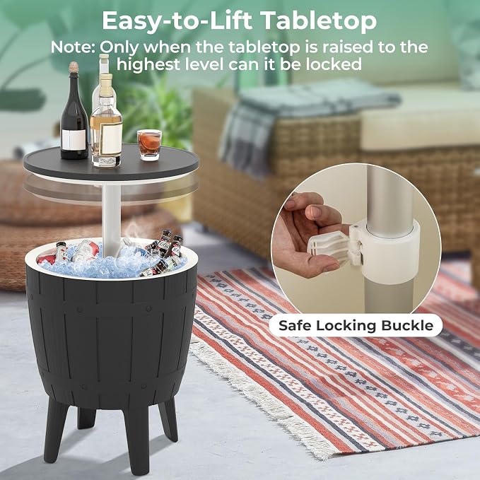 10 Gallon Cooler Table, Cool Bar Table with Height Adjustable Tabletop & Drainage Plug, 3-in-1 Cocktail Drinks & Wine, Outdoor Cooler Side Table for Backyard, Party, Poolside (Black)