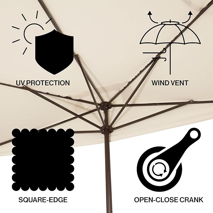JONATHAN Y Sidney Coastal 9 ft. Cream Half Umbrella for Outdoor Patio, Space-Saving Rectangular Wall Sun Shade with Crank Lift, UV Protection for Balcony, Deck, Dark Brown Pole UMB1200B