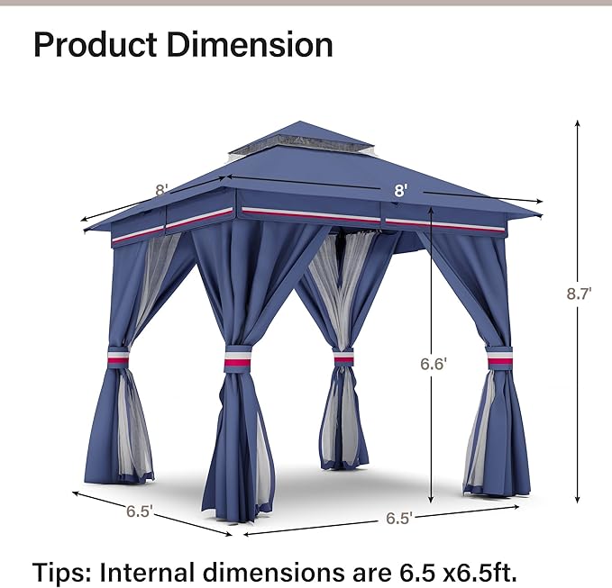 LAUSAINT HOME 8'x8' Outdoor Gazebo, Metal Frame Heavy Duty Patio Canopy Tent Shelter with Double Roofs, Mosquito Nettings and Privacy Screens for Backyard, Garden, Lawn, Classic Blue