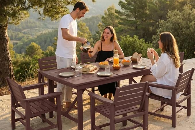 7-Piece Outdoor Dining Set for 6,Terracotta | HDPE table, chairs included, umbrella hole design, weather-resistant furniture, perfect for backyard, deck, garden