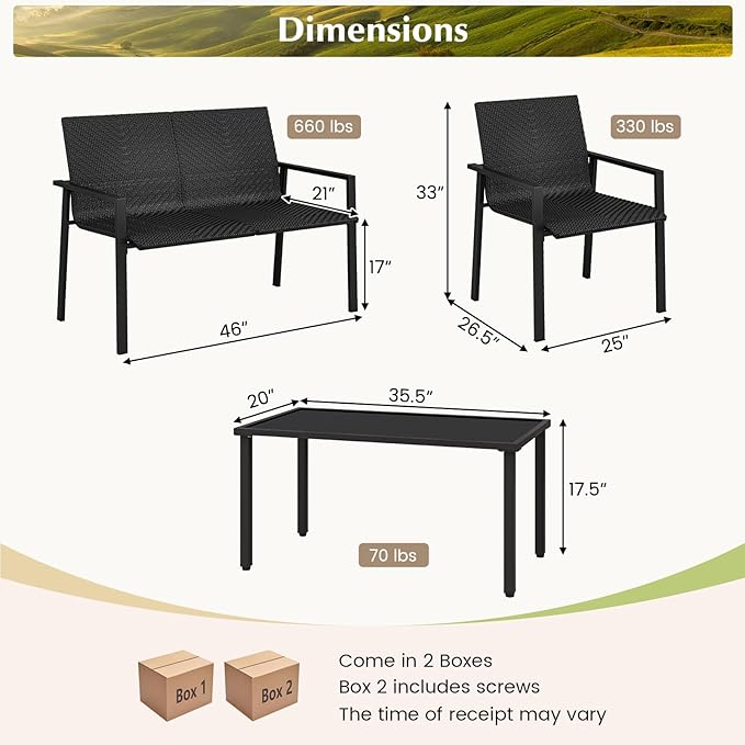 HAPPYGRILL 8 Pieces Wicker Patio Conversation Set with Coffee Table, PE Rattan Chairs with Galvanized Metal Frame, Outdoor Table and Chairs Set for Small Space, Balcony, Poolside, Backyard (Black)