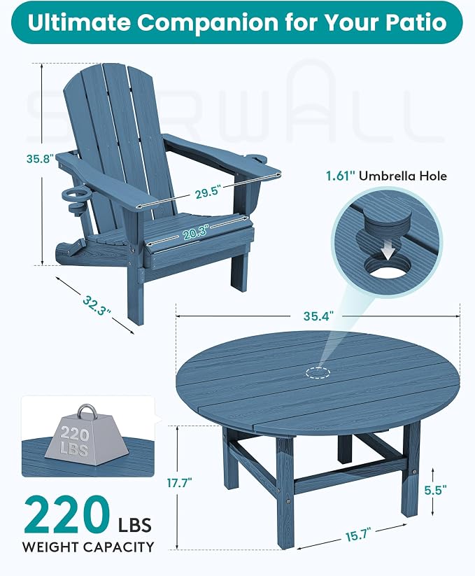 SERWALL 35.5'' Outdoor Round Table with Umbrella Hole, HDPE Weatherproof Coffee Table, Blue