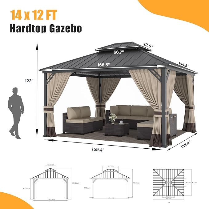 ALAULM 12'x14' Hardtop Gazebo, Outdoor Double Roof Canopy with Netting and Curtains, Galvanized Metal Frame, Sunshade for Patio, Backyard, Deck and Lawns-Sand