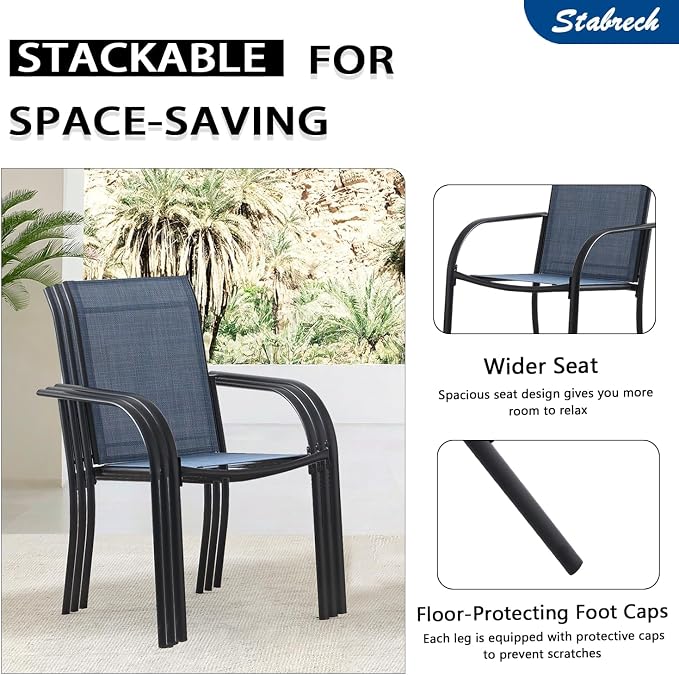 5 Piece Outdoor Dining Set, Patio Table and Chairs Set of 4, 37.5" Black Square Patio Table with 4 Blue Stackable Patio Chairs for Lawn, Garden, Porch
