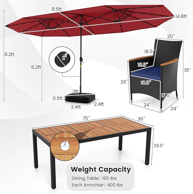 Tangkula 11 Pieces Patio Dining Set with Double-Sided Led Patio Umbrella (Base Included), with 8 Stackable Chairs, Acacia Wood Dining Table and Large Umbrella with Solar Lights (Burgundy + Navy)