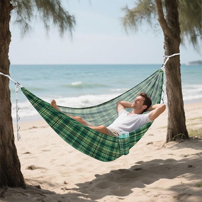 Camping Hammock Outdoor Hammocks for Outside Check Plaid Green 2 Beach Trees Portable Lightweight with Pockets Tree Straps Indoor