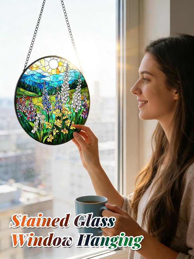 Wildflowers Stained Glass Suncatcher Window Hanging Gifts for Women Men | 6.3in Garden Sun Catcher, Plant Scenery Flower Sunrise Ornament for Door Home, Gift for Mom Grandma & Mother's Day Christmas