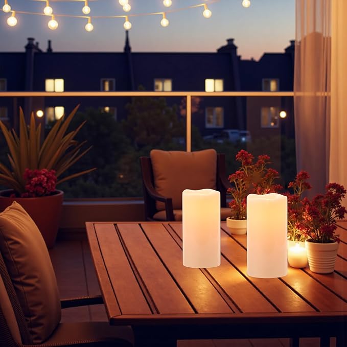 Outdoor Indoor Waterproof Flameless Candles Flickering with Remote Timer, White LED Pillar Candles Battery Operated Pack of 2, Long Lasting Electric Candles Lanterns Cream Φ 4" H 8” 8”