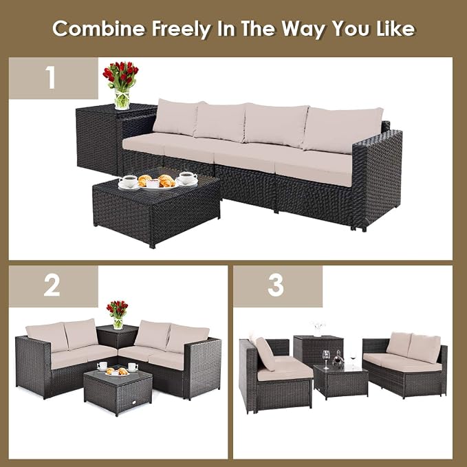 DORTALA 4 Pieces Outdoor Patio Furniture Set, Weather Resistant PE Rattan Conversation Set with 2 Loveseats, Outdoor Sectional Sofa Set with Comfy Cushions for Garden and Poolside, Brown