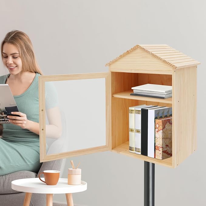 Outdoor Library Outdoor Book Box, Small Wooden Book Cabinet for Neighborhoods Community and Schools Sharing Books, Flyers, Newspapers