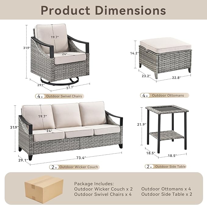 12 Piece Wicker Patio Furniture Sets-High Back Wicker Swivel Rocker Patio Chairs Set of 4 with Thick Cushions Ottomans, Outdoor Sofa, Patio Conversation Sets for Porch Balcony Patio Deck Grey/Beige