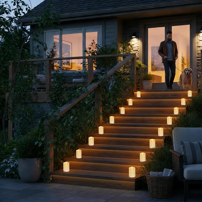 Outdoor Flameless Candles, Patented 3D Dual-LED, Set of 9 Slanted Plastic Pillars with 2 Remotes, Pure White Waterproof Non-Melting Battery Operated Large Set for Modern Fireplace, White