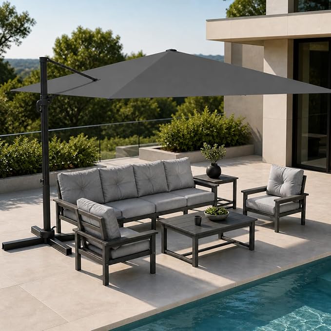 Kingdura 10' X 10' Cantilever Patio Umbrella with Base Included, Large Square Aluminum Outdoor Offset Umbrella with 360-degree Rotation, 4 Position Tilt, UV Protection for Pool Deck Garden Patio (Grey)