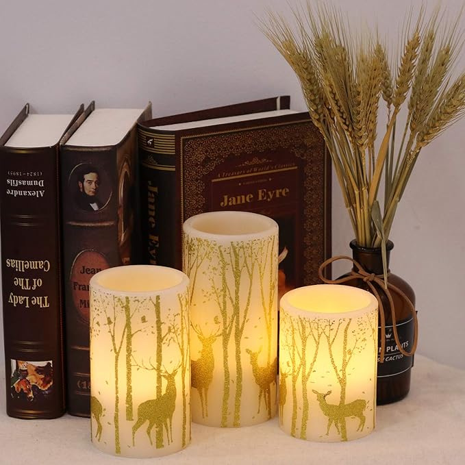 Wondise Flameless Flickering Candles with Timer, Battery Operated Real Wax Gold Deer Decal LED Pillar Candles for Christmas Holiday Home Decoration, Set of 3(3 x 4,5,6 Inch)
