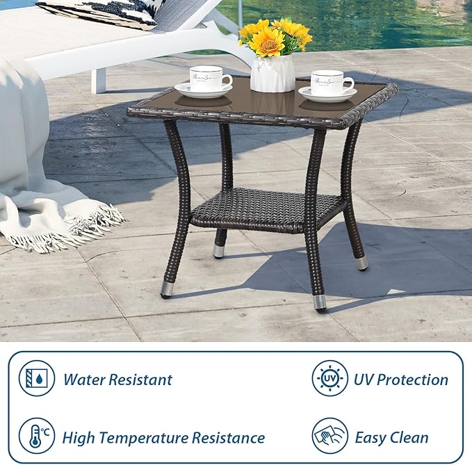 Super Patio Outdoor Side Table, 20" Square Wicker End Table, Tempered Glass Top Coffee Table with Storage, Aluminum Frame-Brown