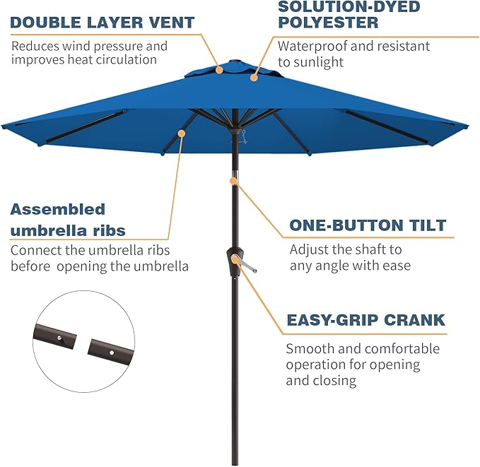 10FT Patio Umbrella, Outdoor Umbrella with Push Button Tilt and Crank, 8 Sturdy Ribs, UV Protection & Waterproof Market Umbrella for Pool, Backyard, Beach,Deck (Royal blue)