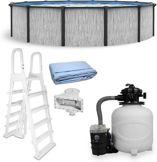 Blue Wave Sevilla 18-ft Round 52-in Deep Hard Sided Steel Frame Above Ground Pool with 6-in Steel Top Seats, 0.5 HP Sand Filter System, Ladder, Skimmer & Liner – 7,200-Gallon Capacity for Family Use
