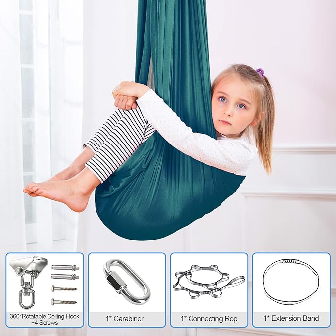 Therapy Swing Hammock Kids Cuddle Sensory Swing Indoor Therapeutic Hammock 360° Rotating Double Layer Elastic Rocking Cloth Swing Gifts for Children with ADHD SPD Asperger Autism (Green+Grey)