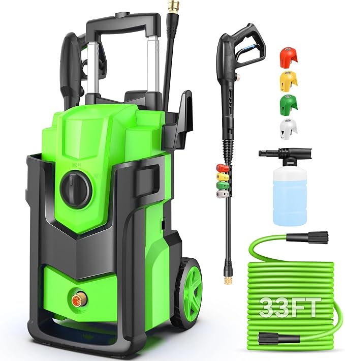 Electric Pressure Washer, 5000 PSI 4.0 GPM Heavy Duty Power Washer, with 4 Nozzles,Foam Cannon,33FT Hose Reel and 500ml Soap Bottle for Home/Cars(Light Green)