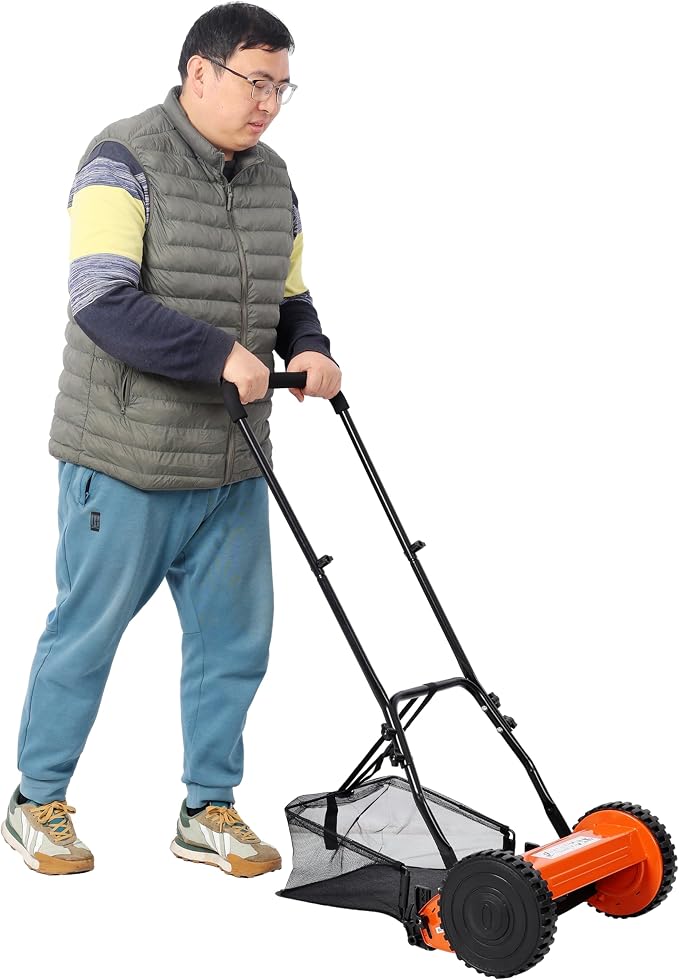 14 Inch 5-Blade Push Reel Lawn Mower with Grass Catcher Orange Manual Walk-Behind Mower Adjustable Cutting Height 0.6-1.8 Inches Lightweight 13.6 lbs Eco-Friendly Reel Mower for Residential Lawn