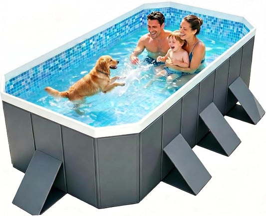 Foldable Swimming Pool, Rectangular Above Ground Swimming Pool for Outdoor Family Square Pool with Drain Plug and Drain Hole, Easy to Assemble Pool for Backyard Dog Pools (116" L x 65" W)