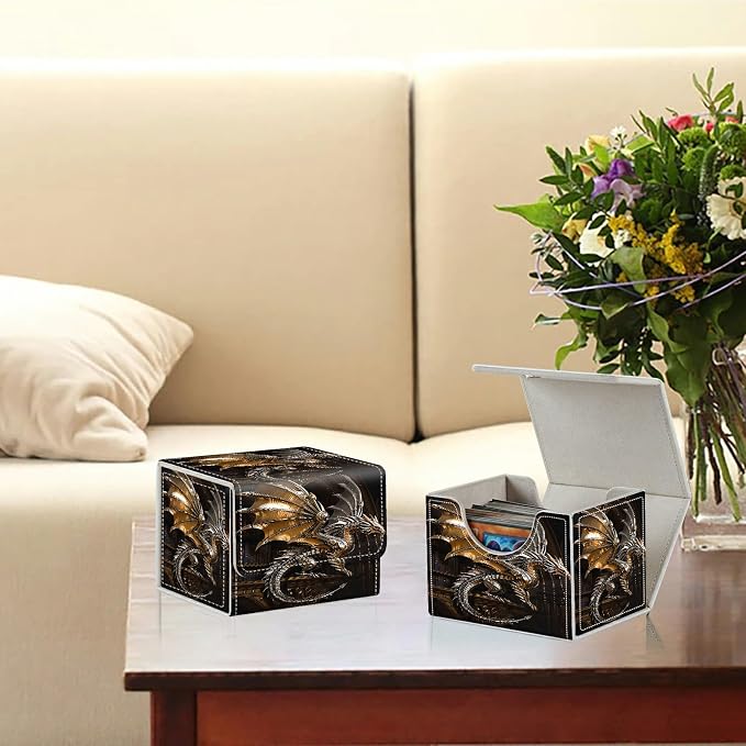 Card Deck Box for MTG, Cards Storage Box Fits 120+ Sleeved, Leather Small Size Strong Magnetic Closing Card Case for Board Games Magic TCG CCG Baseball Collection, Mechanical Dragon