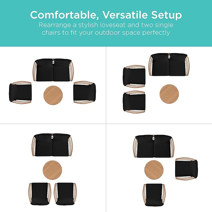 Best Choice Products 4-Piece Outdoor Rope Wicker Patio Conversation Set, Modern Contemporary Furniture for Backyard, Balcony, Porch w/Loveseat, Plush Cushions, Coffee Table, Steel Frame - Black