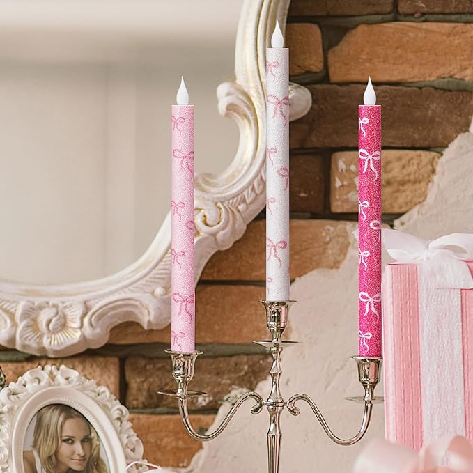 Honoson 6 Pcs Mother's Day Flameless Candles Glitter Bow Taper Candle 10.6 Inch Pink Coquette Candles Battery Operated LED Candlestick for Mother's Day Wedding Bridal Birthday Party Dinner Table Home