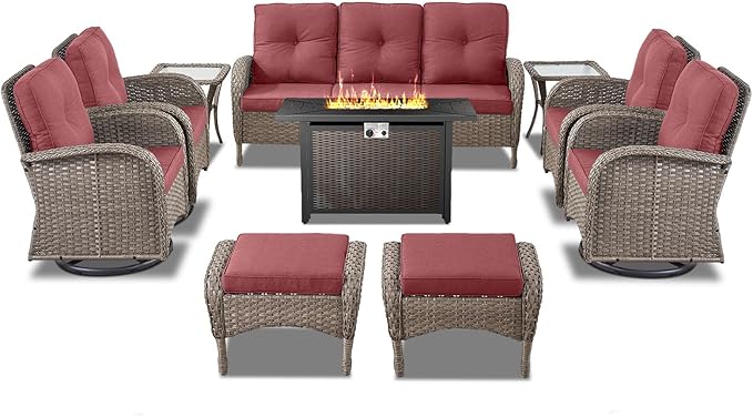 Belord Expansive 10 Pieces Outdoor Patio Furniture Set with 43” Propane Fire Pit Table, Patio Conversation Set with Swivel Rocker Outdoor Chairs Set of 4 and Sofa, Ottoman and Wicker Side Table Gray
