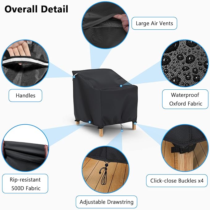 Gasadar Patio Chair Covers 2 Pack Waterproof for Outdoor Furniture, Heavy Duty 600D Patio Furniture Covers for Lounge Lawn Deep Seat 32" W x 37" D x 36" H, Black
