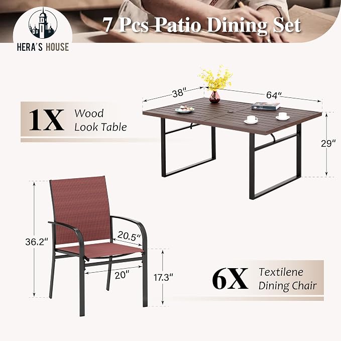 HERA'S HOUSE 7pc Outdoor Patio Dining Set, Wood-Look Metal Table, Red | 6 textilene chairs, 64" rectangular table with umbrella hole. Waterproof, rust-resistant, all-weather for yard, porch