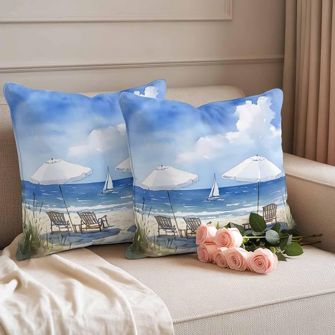 Watercolor Summer Beach Outdoor Waterproof Throw Pillow Covers Set of 2, 24"x24", Sun Umbrella Beach Chair Decorative Pillow Covers Outside Cushion Case for Patio Porch Garden
