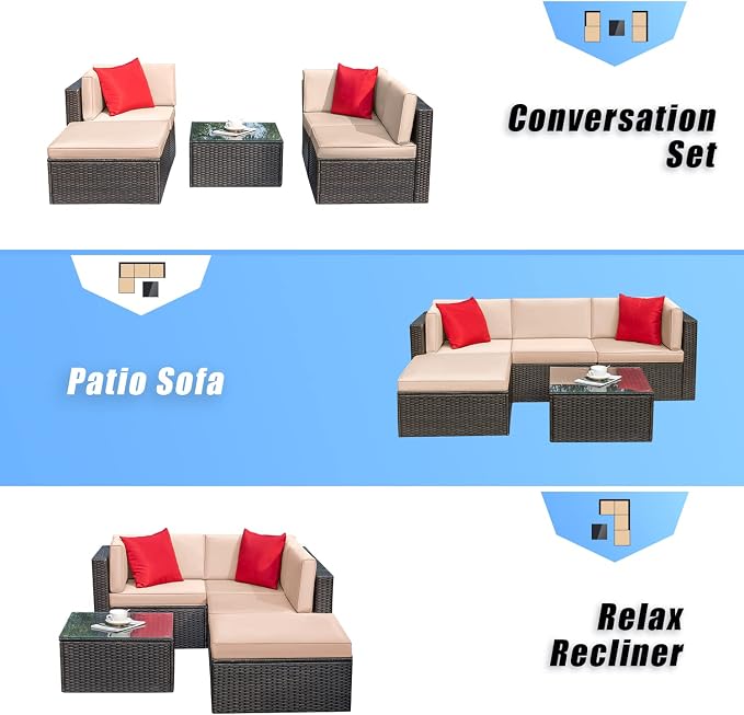 Greesum 5 Piece Patio Conversation Set Wicker Rattan Furniture Outdoor Sofa with Cushions,Pillows & Glass Table for Porch,Lawn and Yard,Beige