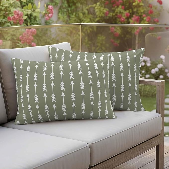 Arrow Outdoor Pillow Covers 20"x12" Set of 2, Abstract Rustic Western Tribal Geometric Arrow Sage Green Waterproof Throw Pillow Covers for Patio Furniture, Decorative Cushion Covers for Porch