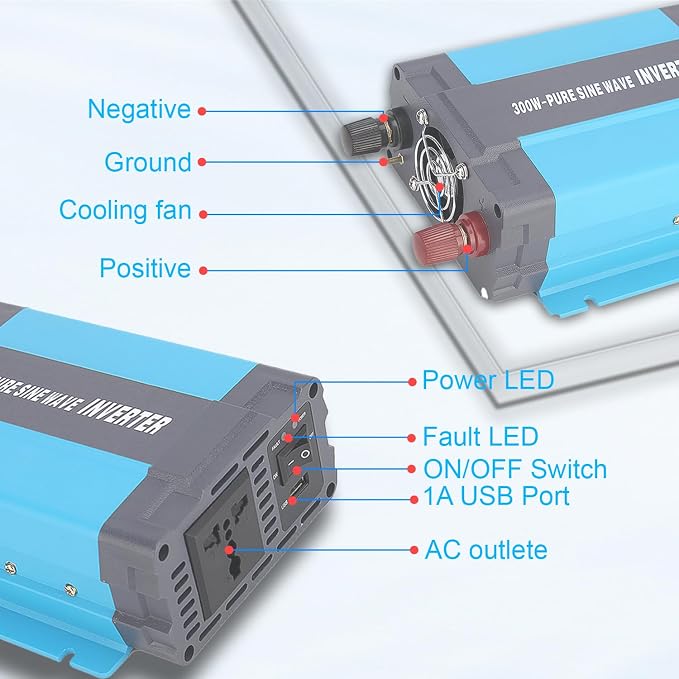24V Pure Sine Wave Power Inverter 300W DC 24V to AC 120V with AC Outlets, 5V/1A USB Port for RV Car Emergency etc.
