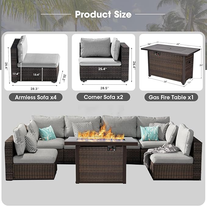 Patio Furniture Set,7 Piece Patio Furniture Set with Fire Pit Table,PE Wicker Rattan Sectional Sofa Patio Conversation Set with Thickened Cushions, Grey
