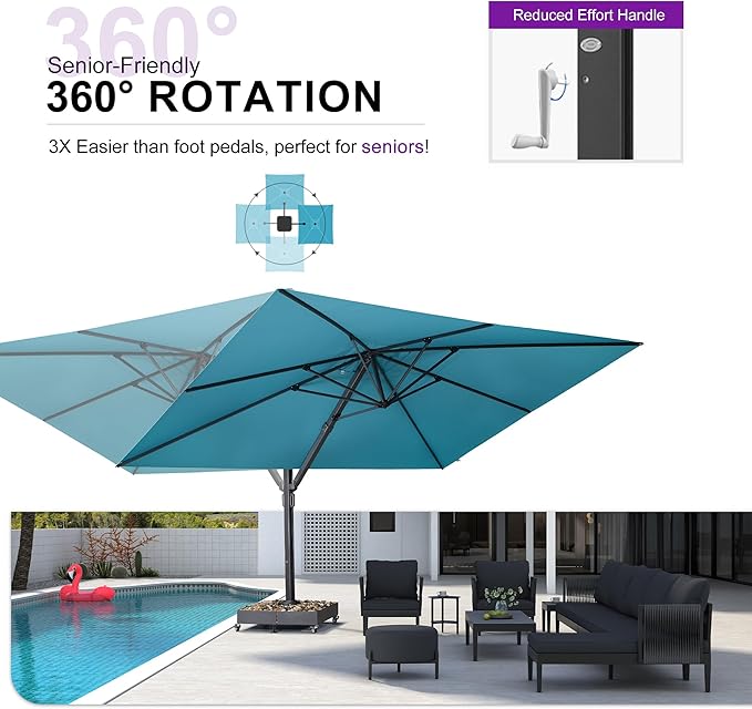 PURPLE LEAF 11' X 15' Rectangle Patio Umbrella Large Cantilever Outdoor Aluminum Offset Umbrella with 360° Rotation Cantilever Umbrella with Base Included for Garden Deck Backyard Pool Turquiose Blue