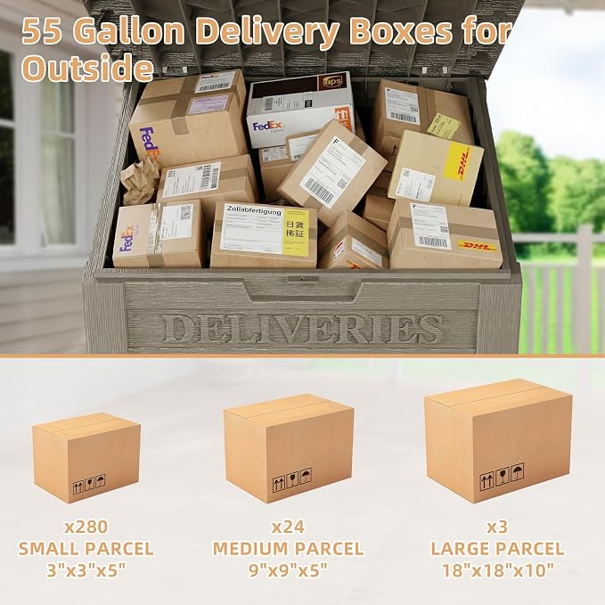 EasyUp Package Delivery Boxes for Outside, 55-Gallon Lockable Parcel Drop Box, Large Double-Walled Resin Weatherproof Storage Porch Box for Deliveries and Patio(Grey)