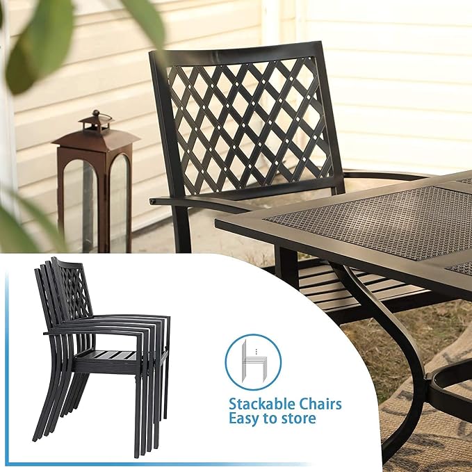 PHI VILLA 7 Pcs Outdoor Dining Set,Rectangular Metal Table& Stackable Chairs