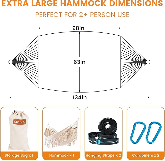 Lazy Daze Hammocks Extra Large Double Hammock, Portable Camping Hammock with Travel Bag & Tree Straps for Outdoor, Camping, Backyard, Patio, 550lbs Capacity, Beige