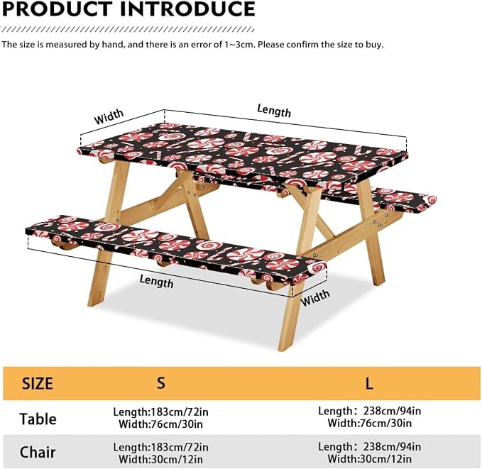 Christmas Candy Cane Picnic Table Cover with Bench Covers Camping Essentials Outdoor Table and Chairs Decorative Sets Flexible Picnic Table 3 Piece Set Suitable for BBQ Picnic Party Camping