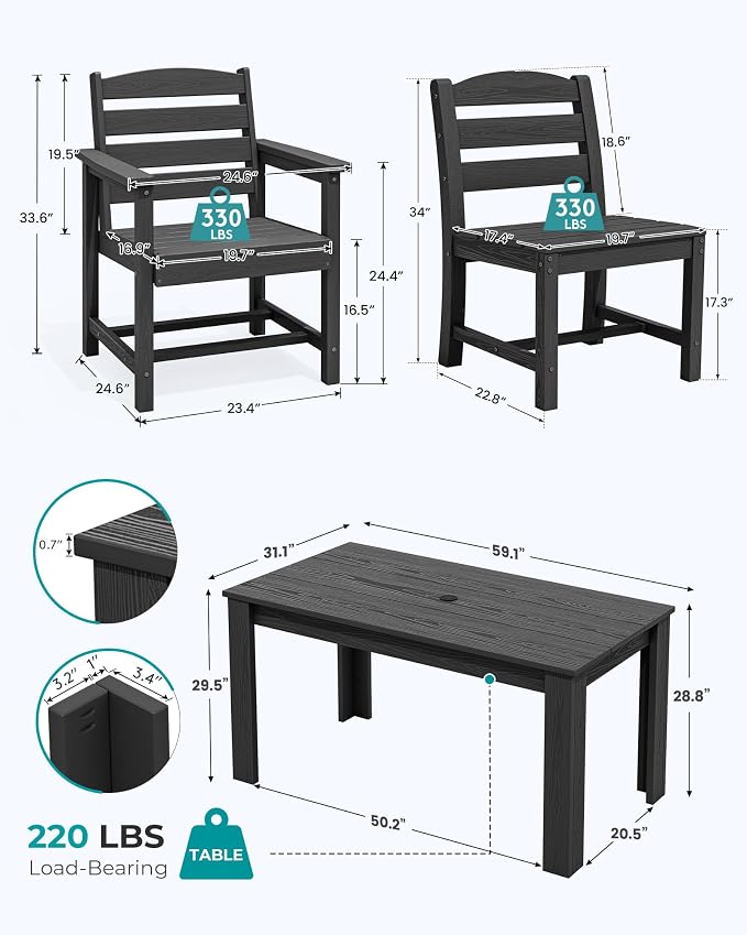 SERWALL Outdoor Dining Set for 10, w/ 2 Tables & 10 Chairs, Black | All Weather Resistant HDPE Dining Sets for Patio, Garden, Backyard