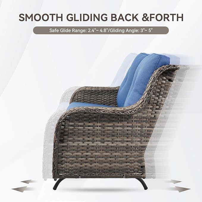 Patio Loveseat Wicker Loveseat Rattan Glider Sofa with Curved Armrest Thicking Back & Seat Cushions for Garden Balcony Backyard Grey Wicker|Blue Cushions (A) Patio Loveseat Glider