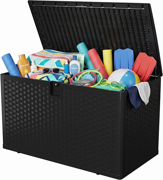 120 Gallon Outdoor Storage Box, Large Waterproof Resin Deck Box Indoor and Outdoor Use, Lockable Patio Storage Box for Garden Cushions, Tools, Equipment, Black