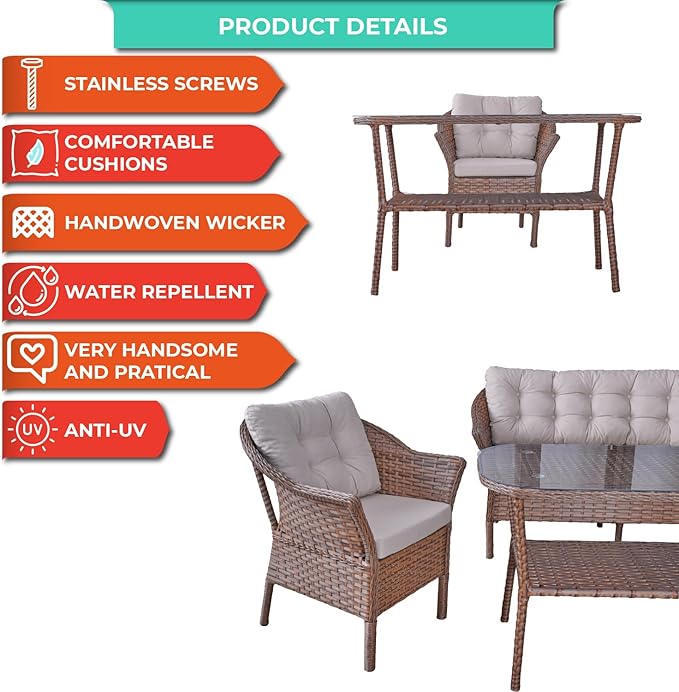 Angora Dinamic Rattan Outdoor Furniture Set – Stylish Garden and Patio Set with Table, Double Chair, and 2 Single Armchairs, Conversation Sets Best for Yard, Pool or Backyard, Brown