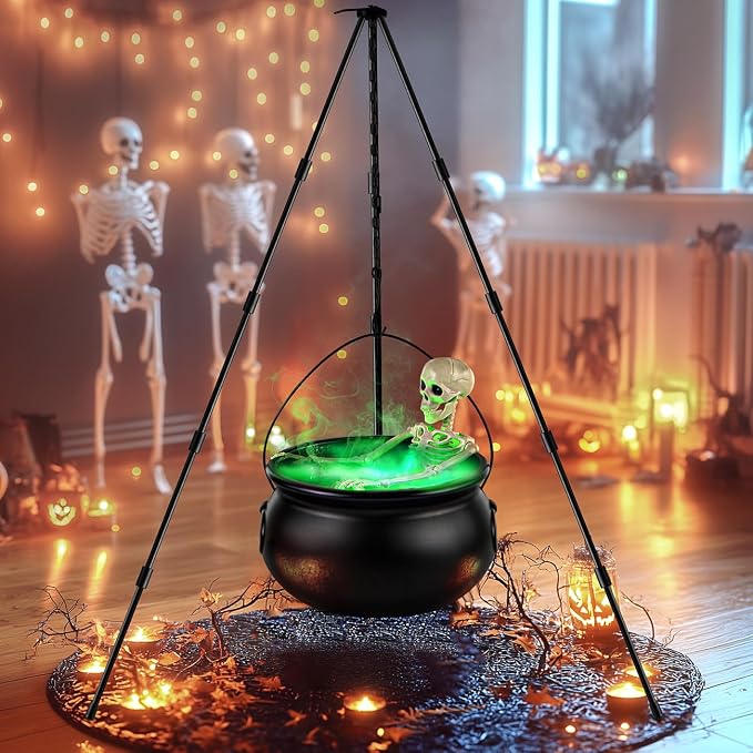MEADIN Halloween Decorations Outdoor - Large Witches Cauldron on Tripod with Cauldron Diffuserr and Big Skeleton - Black Plastic Cauldron Halloween Decor for Outside Yard Lawn Home Porch Door